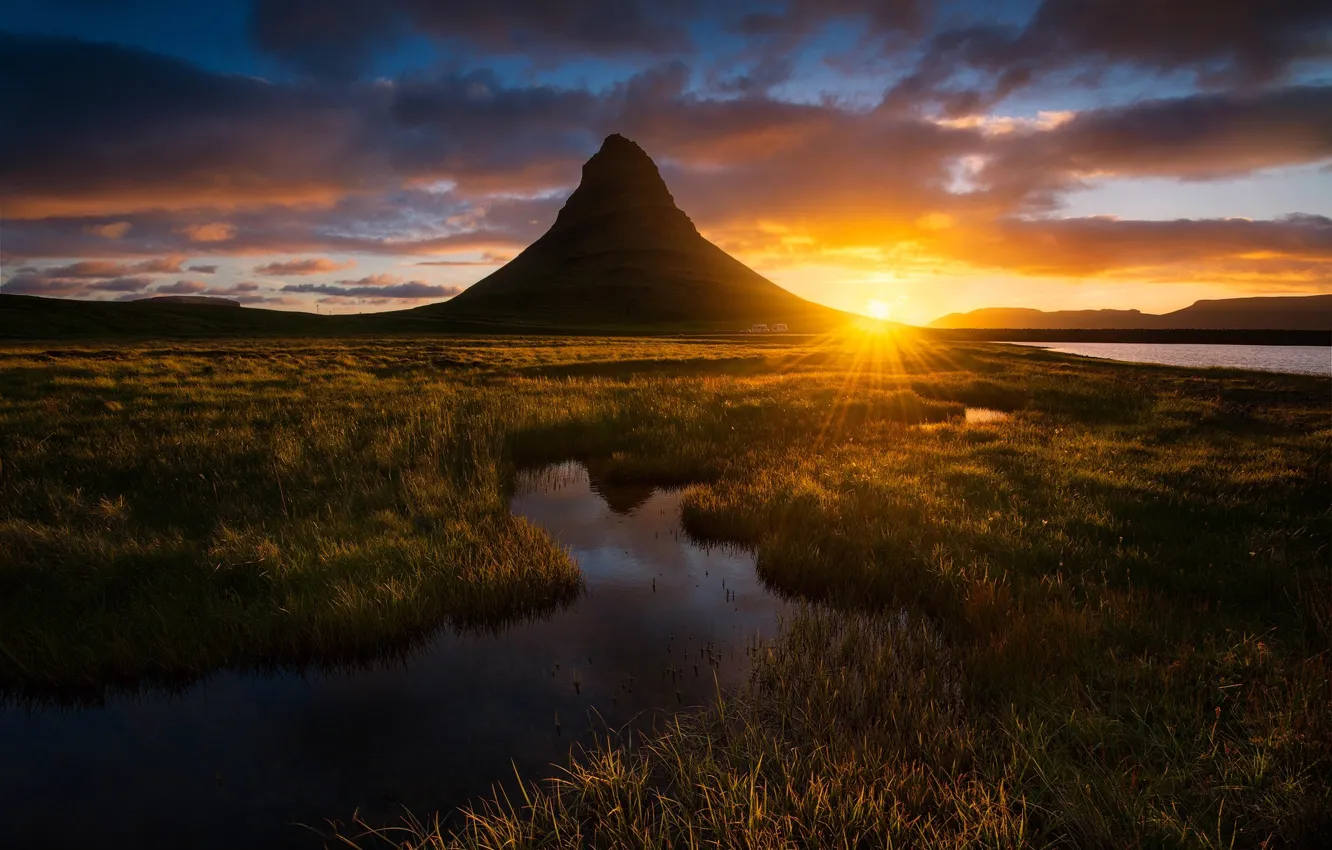 Фото обои солнце, свет, гора, вечер, Исландия
