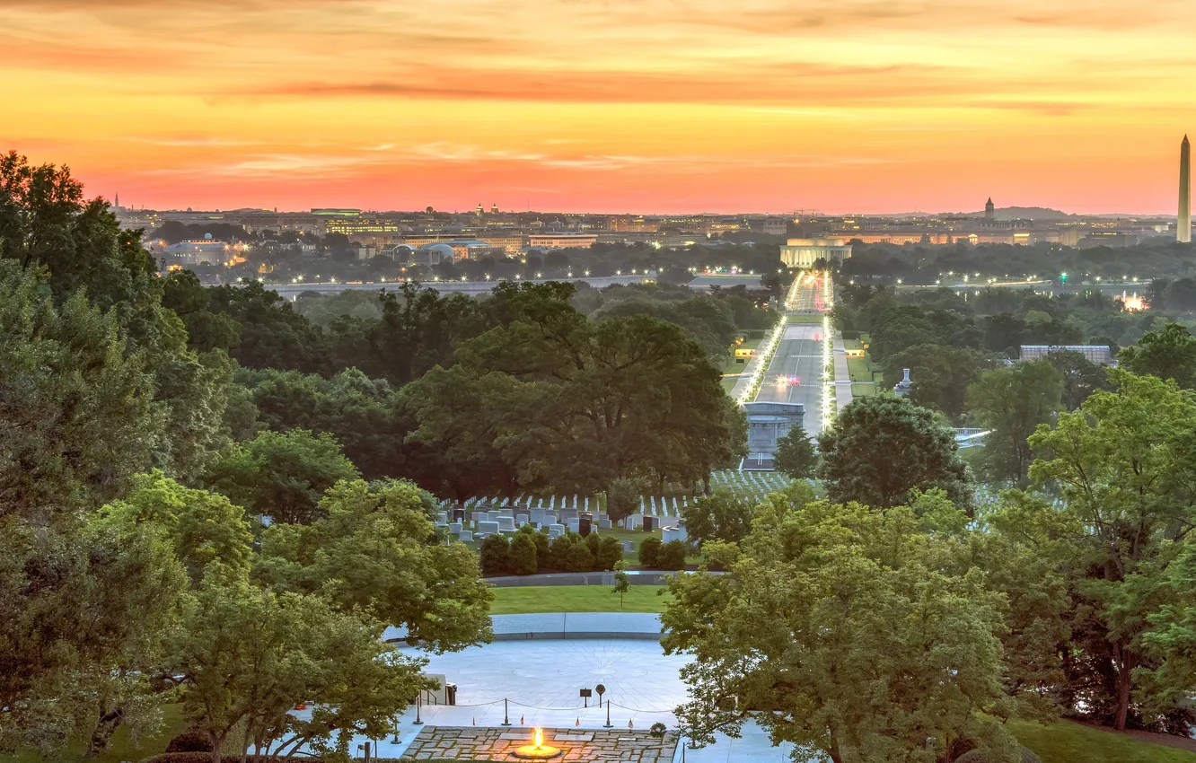 Фото обои Вирджиния, USA, США, Sunrise, Virginia, Arlington National Cemetery, Восход солнца, Арлингтонское национальное кладбище