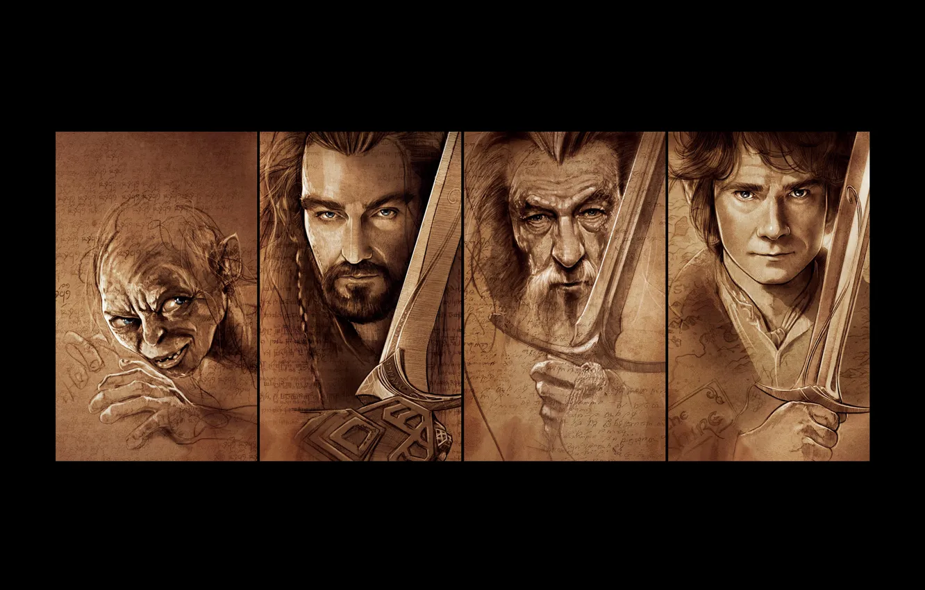 Фото обои мечи, Gollum, Gandalf, Хоббит, The Hobbit, Bilbo, Thorin
