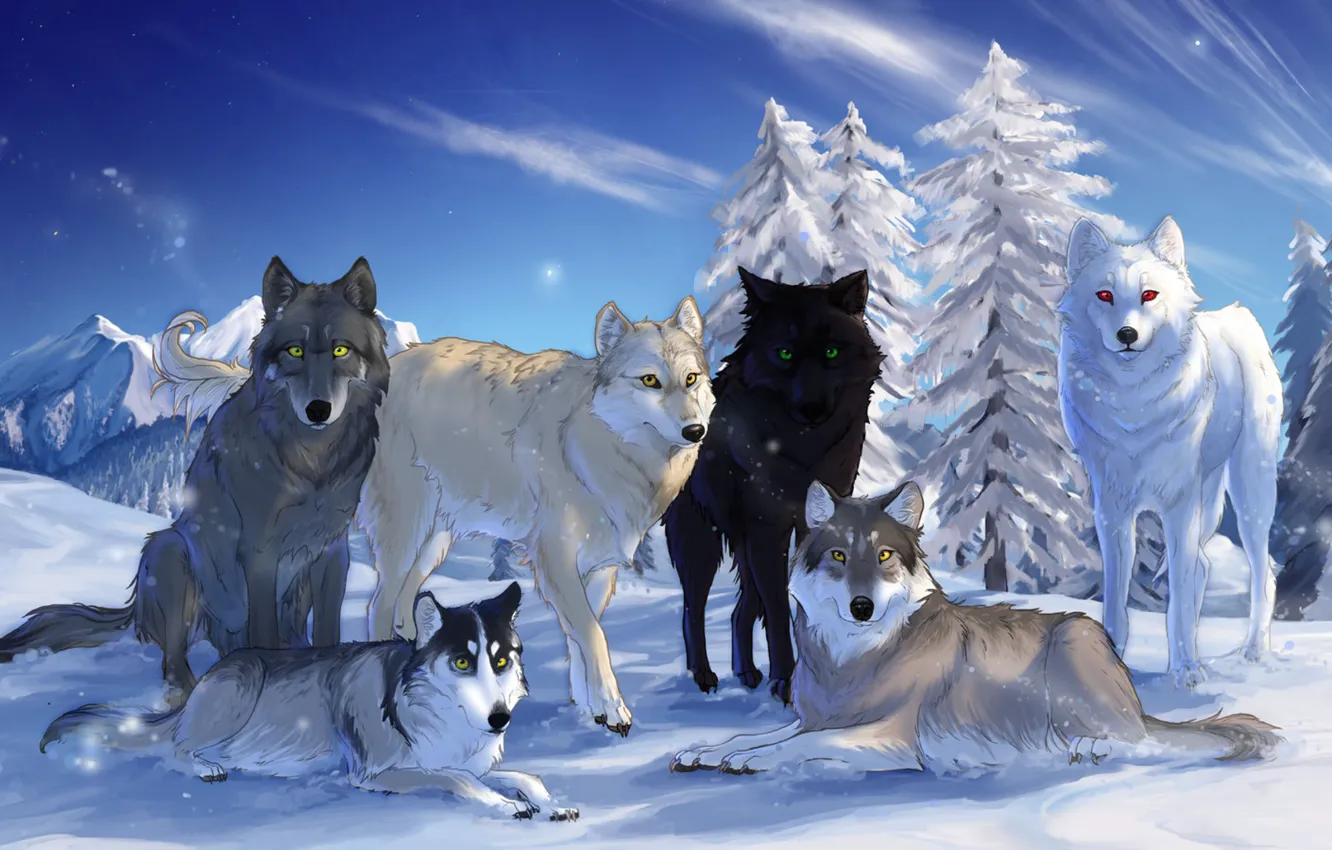 Фото обои зима, небо, снег, деревья, горы, природа, рисунки, волки