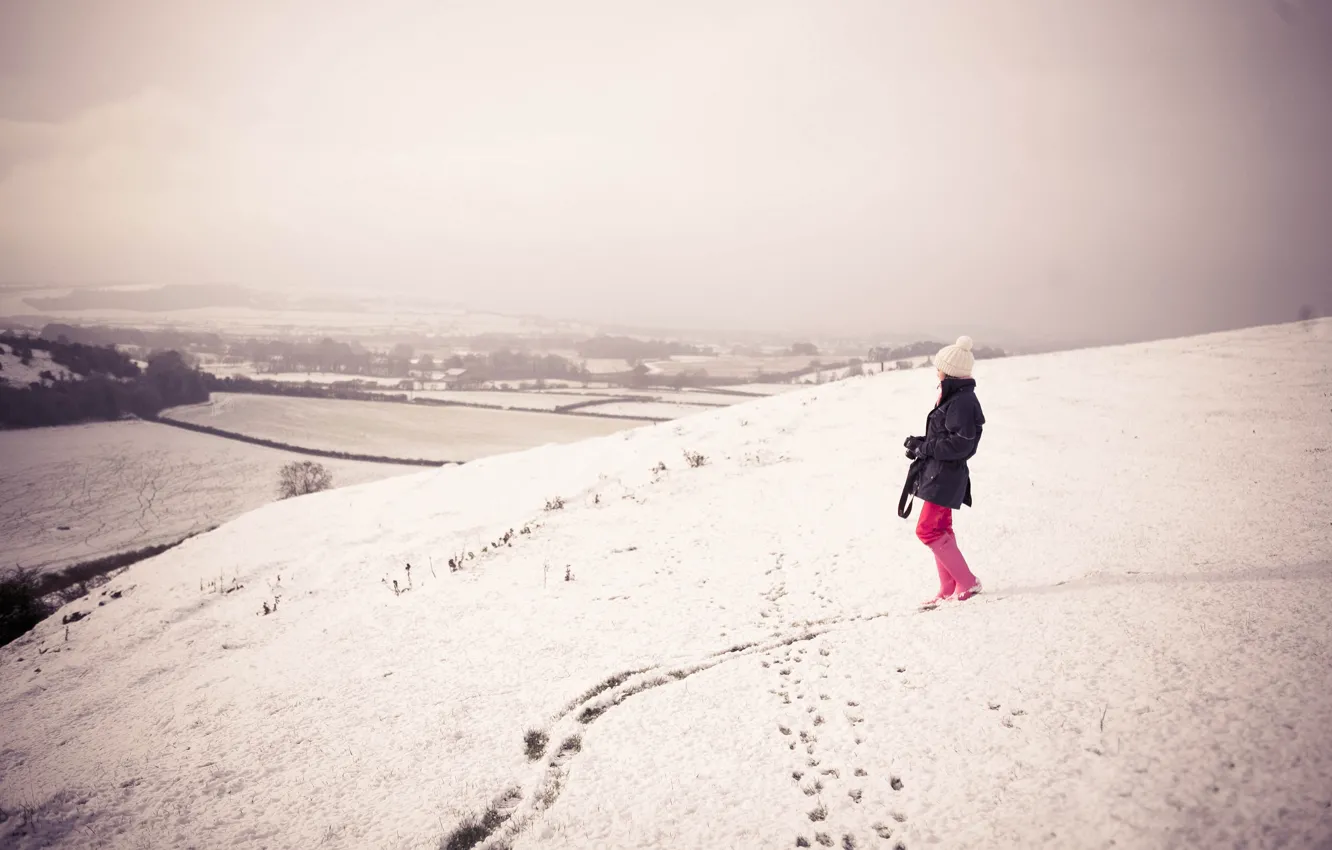 Фото обои зима, девушка, снег, фото, девушки, настроение, холмы, настроения