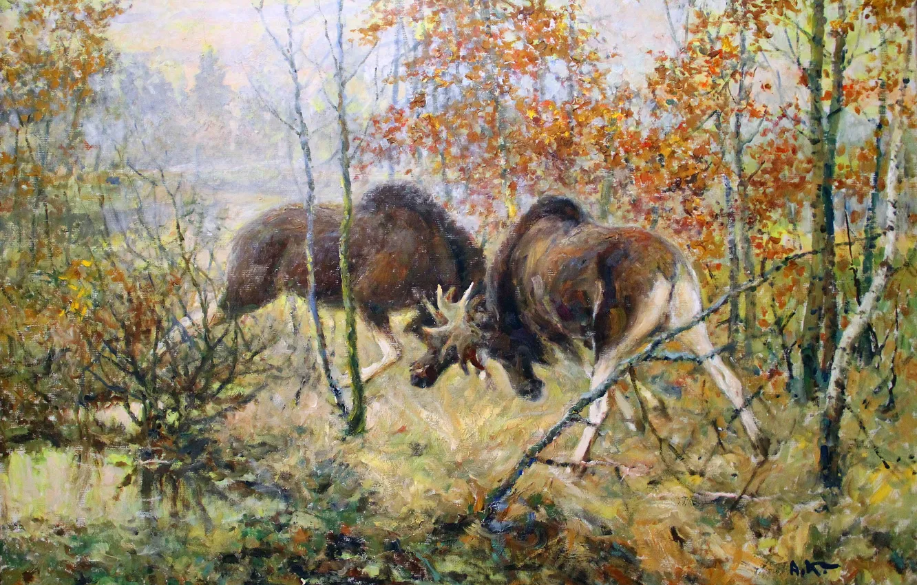 Фото обои Деревья, Картина, Двое, Лоси, Алексей Комаров, Alexey Komarov, Русский и советский живописец, Гон лосей