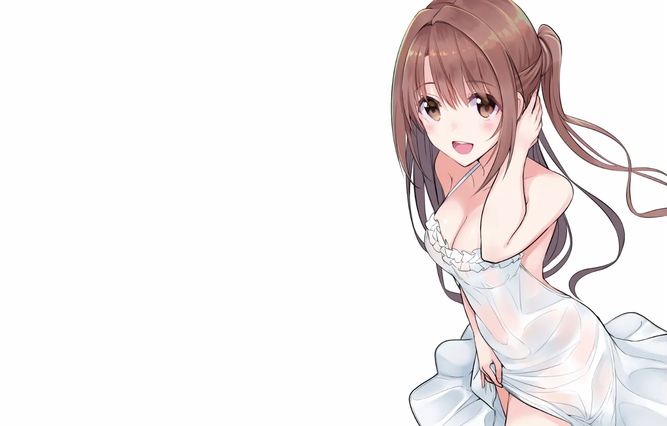 Фото обои girl, sexy, cleavage, long hair, dress, brown hair, brown eyes, boobs