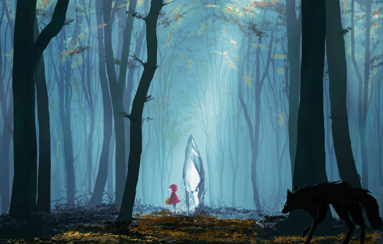 Фото обои лес, деревья, природа, красная шапочка, аниме, арт, капюшон, девочка