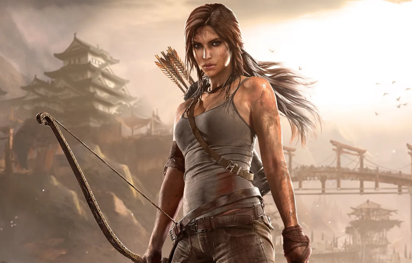 Фото обои взгляд, девушка, волосы, лук, Tomb Raider, Лара Крофт, Lara Croft