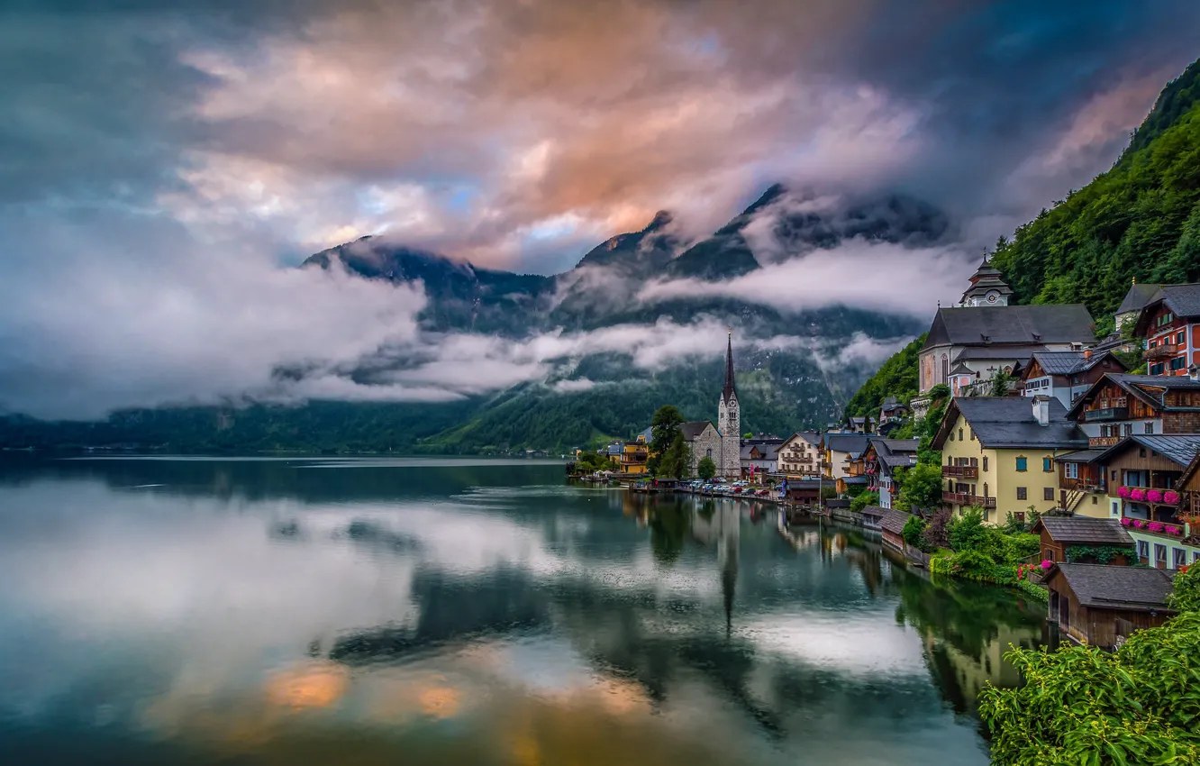 Фото обои облака, горы, озеро, здания, дома, Австрия, Альпы, Austria