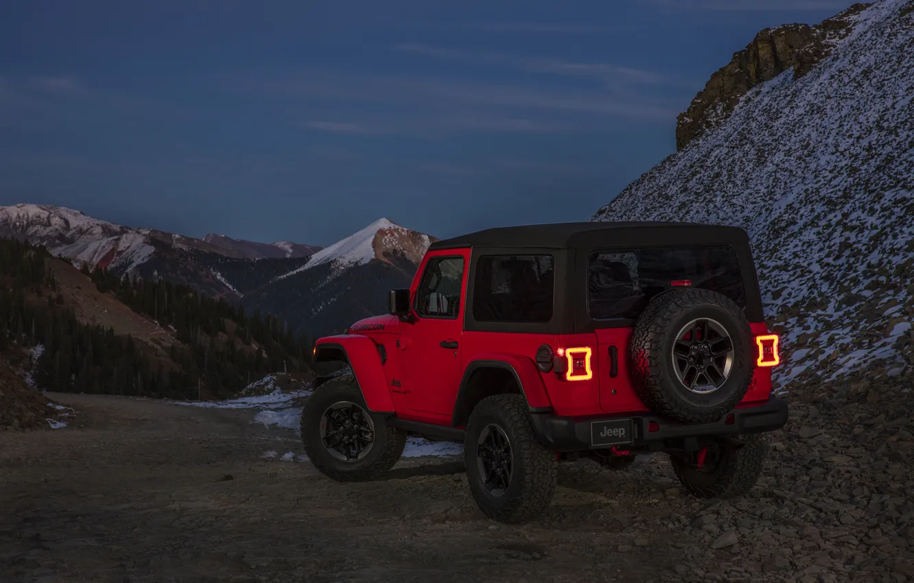 Фото обои снег, горы, красный, склоны, 2018, Jeep, Wrangler Rubicon