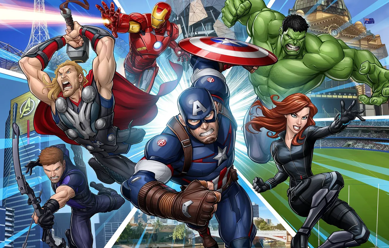 Фото обои арт, Халк, Капитан Америка, Тор, Мстители, Черная Вдова, Железный Человек, Patrick Brown