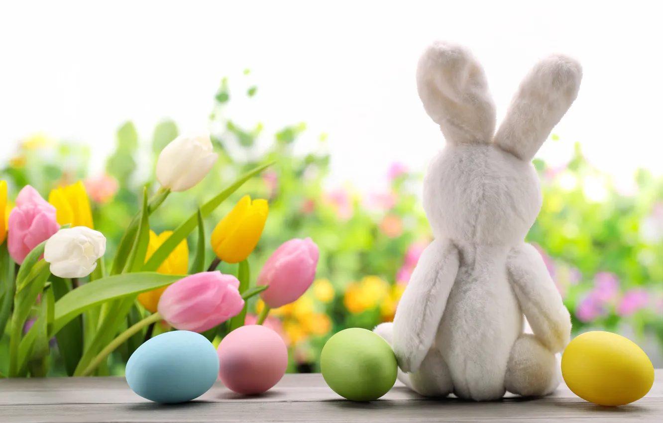 Фото обои Цветы, Кролик, Тюльпаны, Пасха, Яйца, Праздники