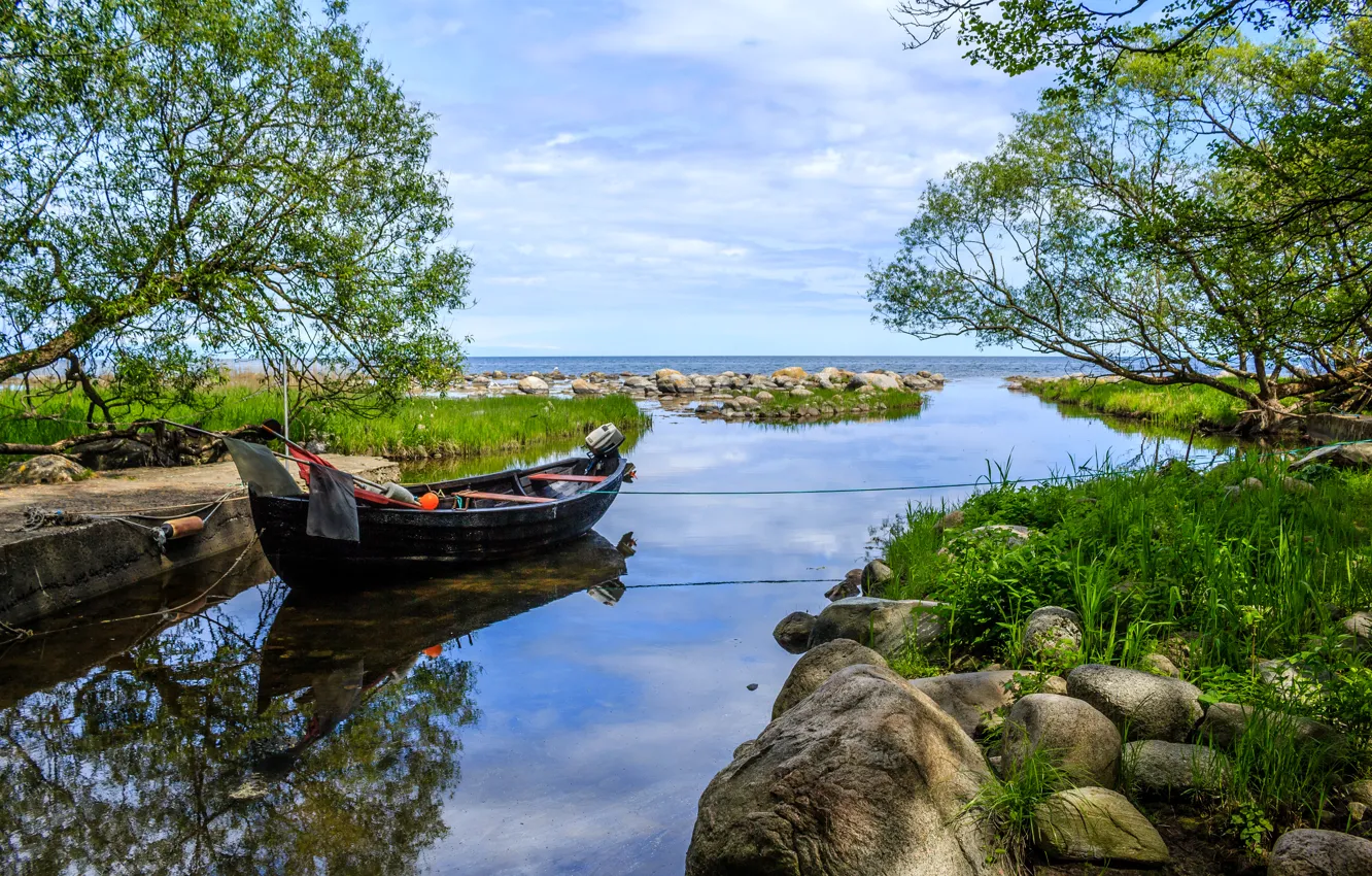 Фото обои небо, деревья, камни, берег, лодка, горизонт, залив, Швеция