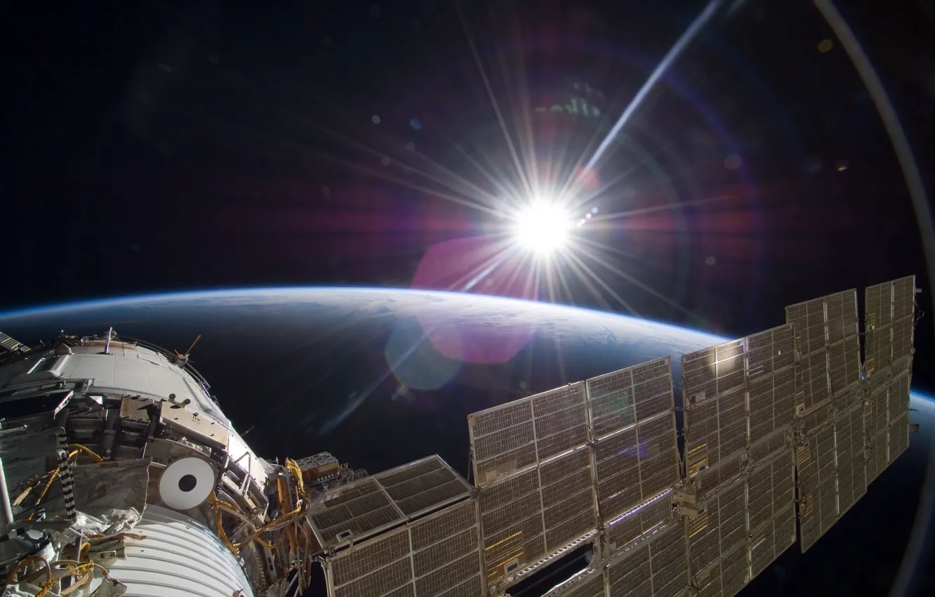 Фото обои солнце, свет, земля, Международная космическая станция