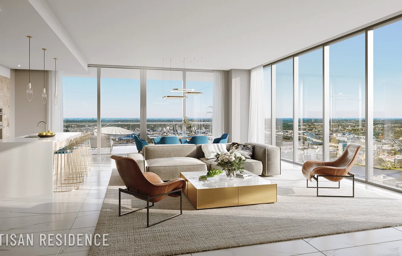 Фото обои дизайн, стиль, интерьер, кухня, гостиная, столовая, High-Rise Apartment, высотное здание