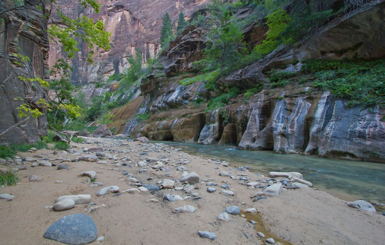 Фото обои деревья, горы, река, камни, скалы, каньон, ущелье