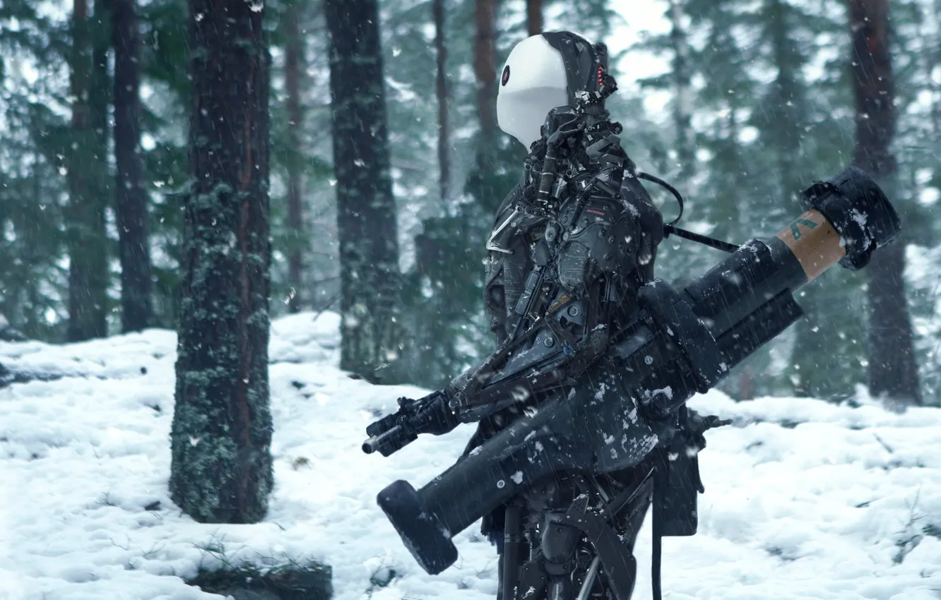 Фото обои лес, снег, оружие, Bazooka, pancerfaust