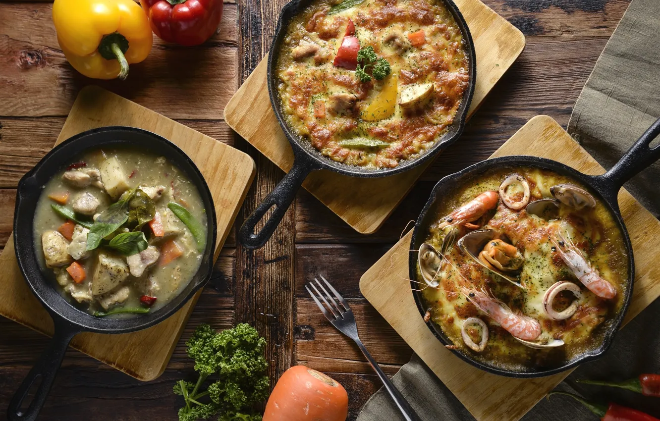 Фото обои суп, овощи, креветки, блюда, запеканка
