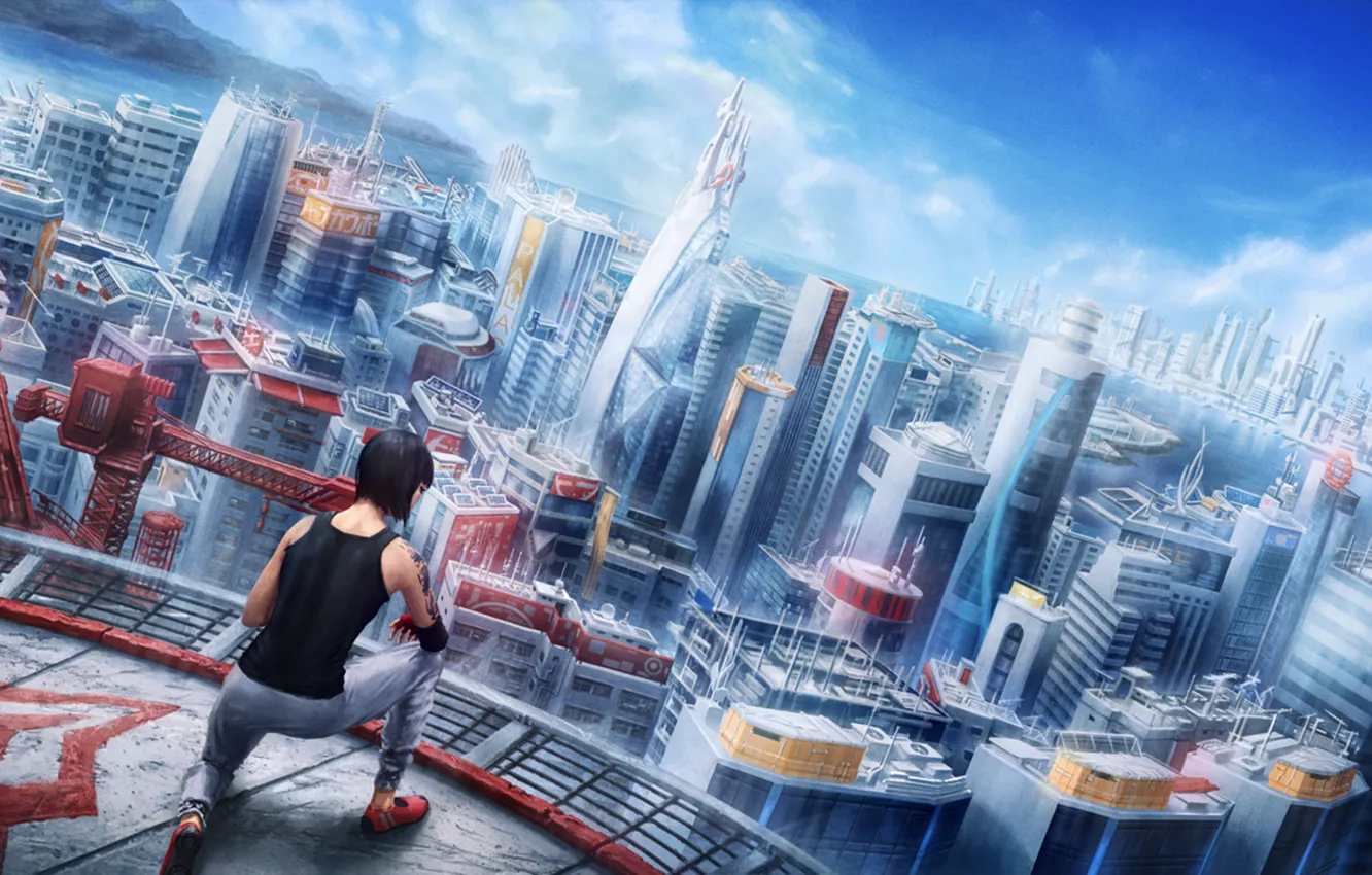 Фото обои крыша, девушка, город, Mirror's Edge, art, faith, Electronic Arts, паркур