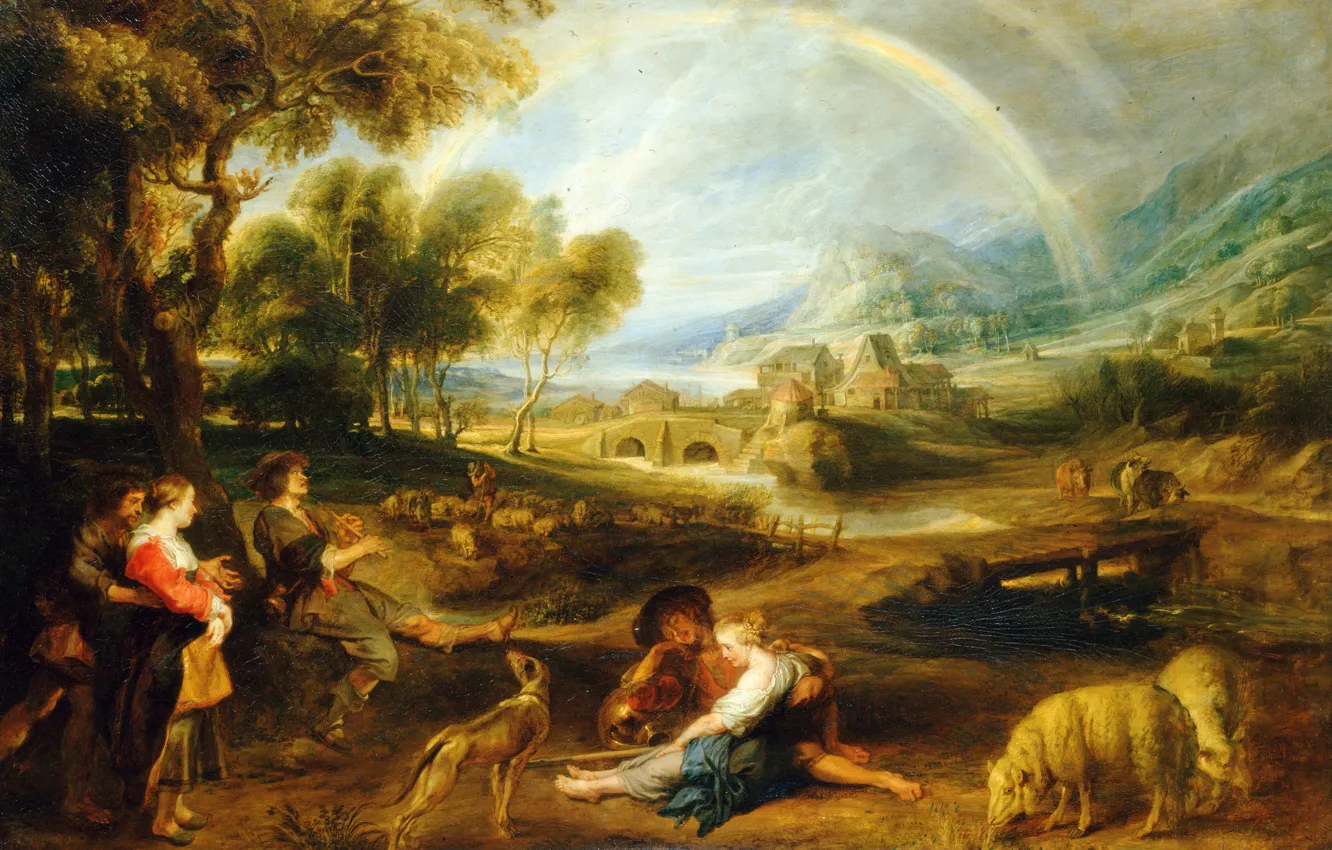 Фото обои животные, люди, картина, Питер Пауль Рубенс, Pieter Paul Rubens, Пейзаж с Радугой