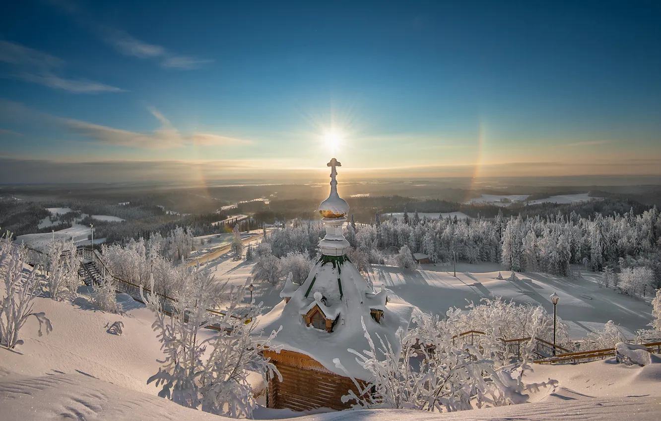 Фото обои зима, иней, солнце, снег, сияние, восход, красота, крест
