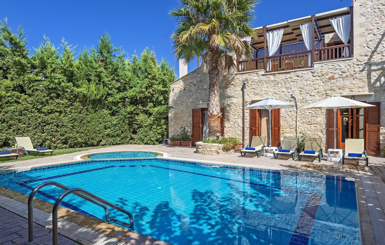 Фото обои пальма, вилла, бассейн, Греция, терраса, Crete, средиземноморская архитектура, Villa Asteri