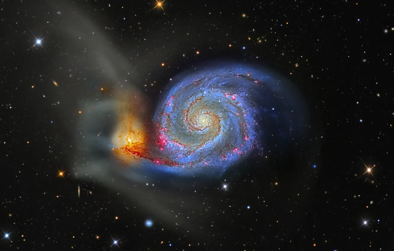 Фото обои галактика, Гончие Псы, M 51, Водоворот, в созвездии