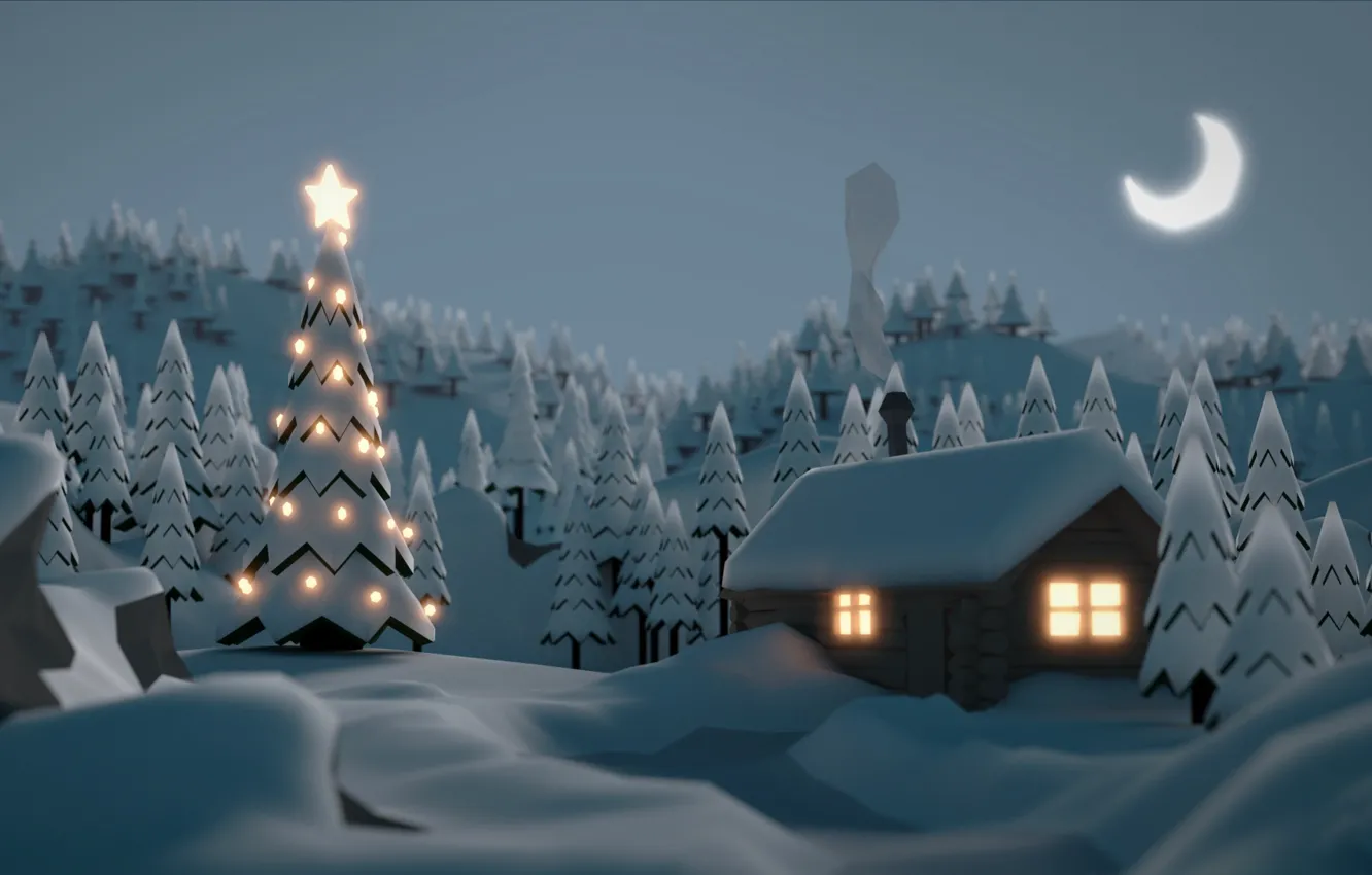 Фото обои зима, снег, праздник, ель, домик, гирлянда