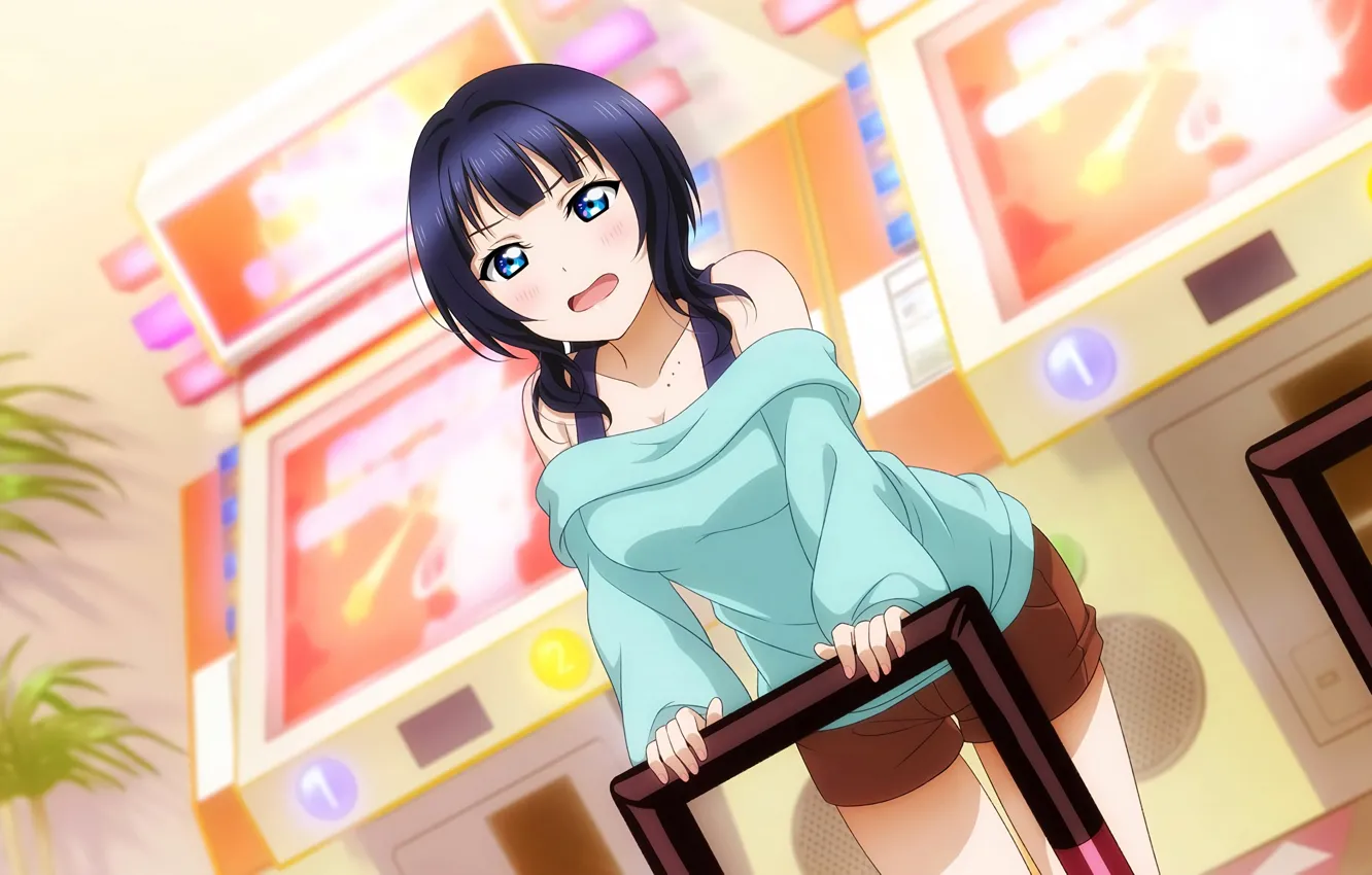 Фото обои girl, sexy, cleavage, shorts, blouse, anime, blue eyes, beautiful