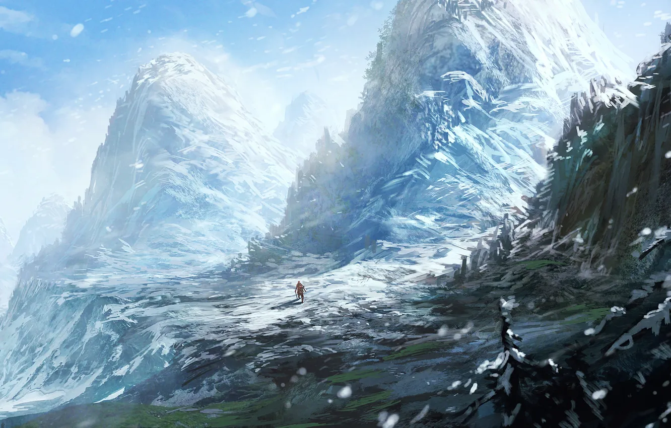 Фото обои зима, человек, гора, арт