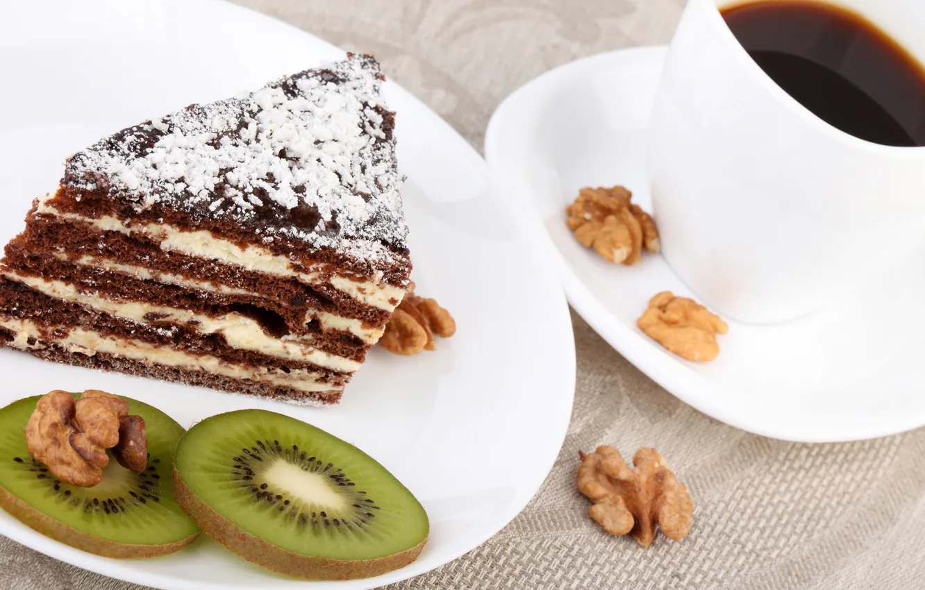 Фото обои кофе, киви, торт, пирожное, орехи, cake, десерт, выпечка