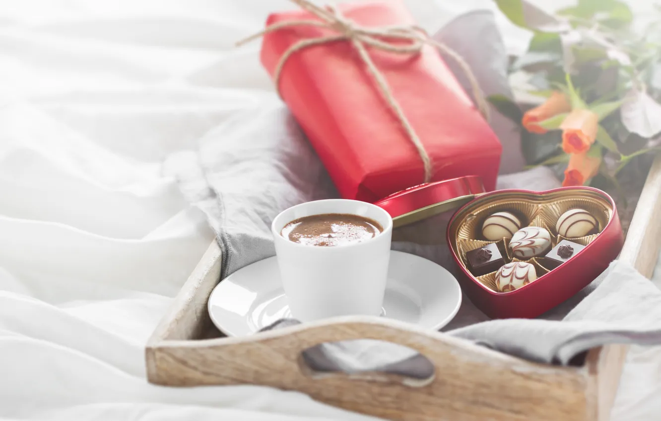 Фото обои розы, конфеты, love, heart, romantic, chocolate, gift, coffee