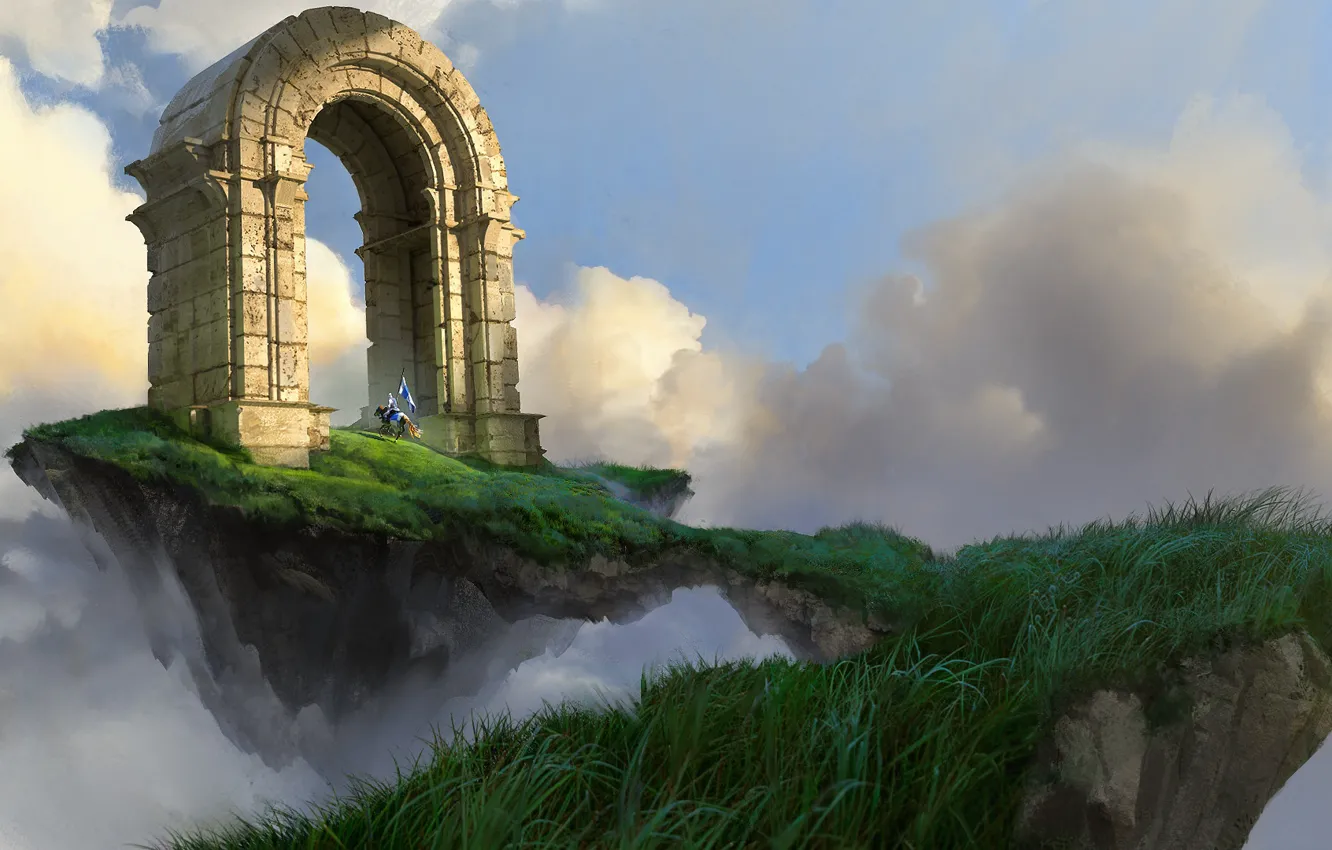 Фото обои трава, облака, арка, всадник, End of the path