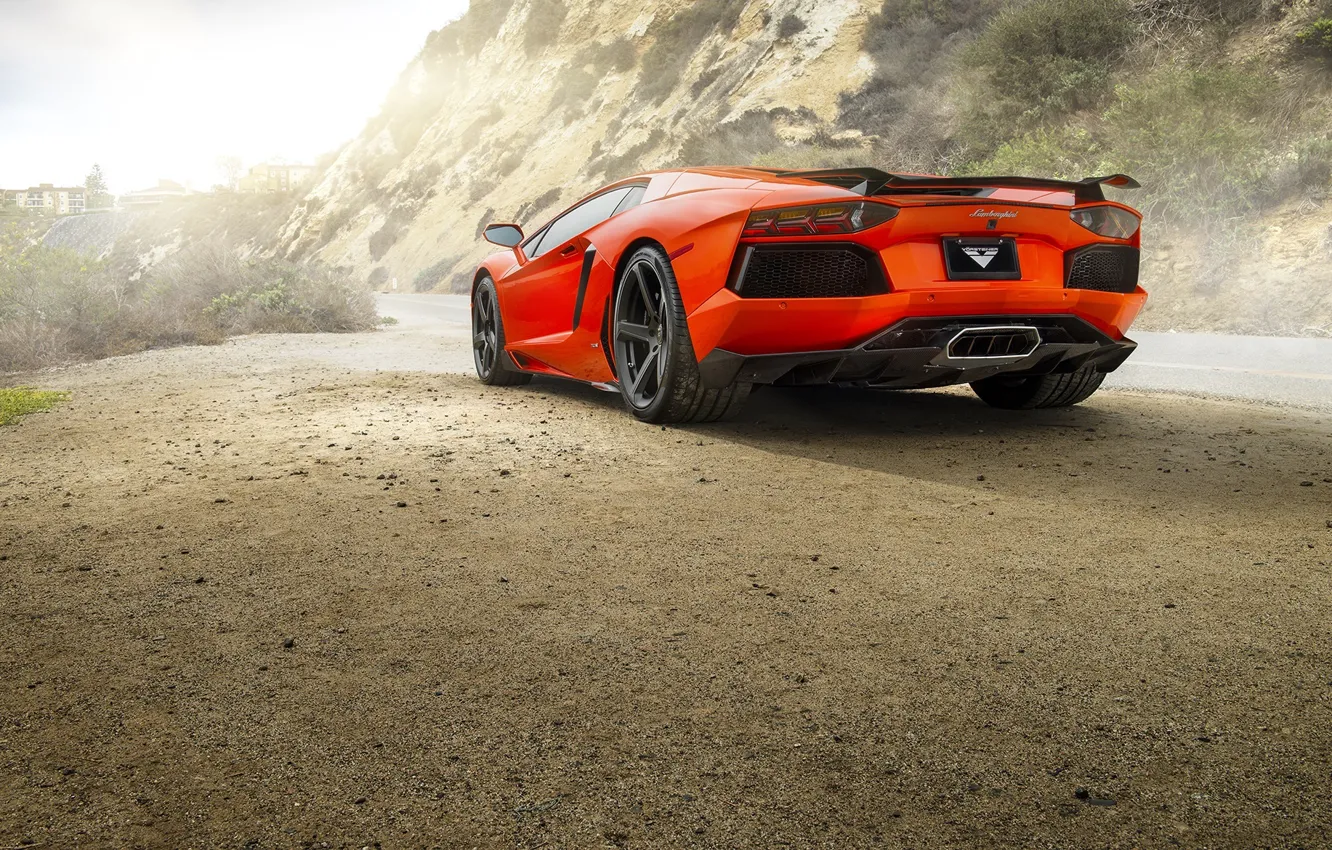 Фото обои Lamborghini, Orange, Car, Sun, LP700-4, Aventador, Road, Rear