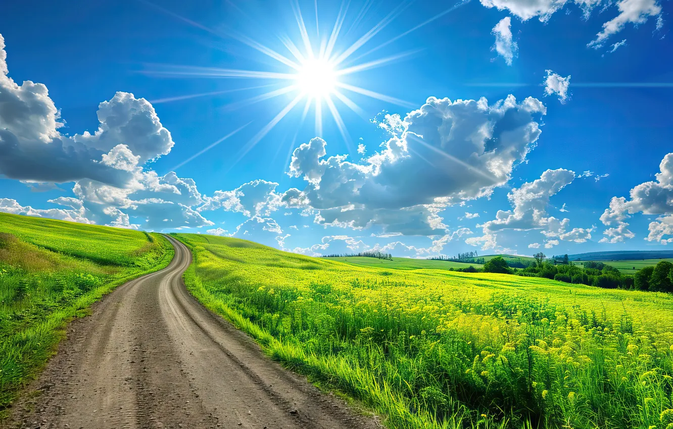 Фото обои дорога, поле, лето, небо, трава, весна, summer, sunshine
