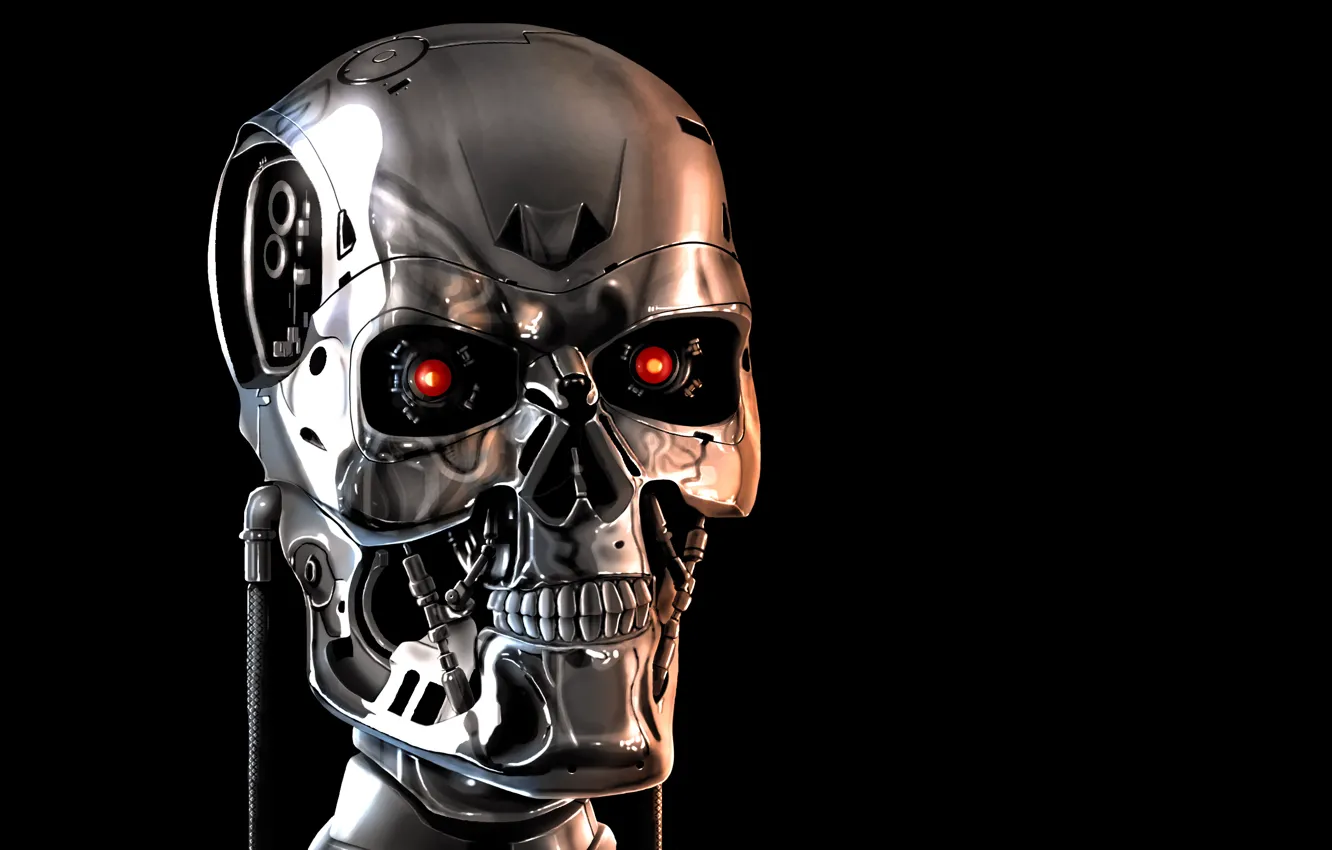 Фото обои лицо, череп, механизм, робот, терминатор, скелет, черный фон, красные глаза