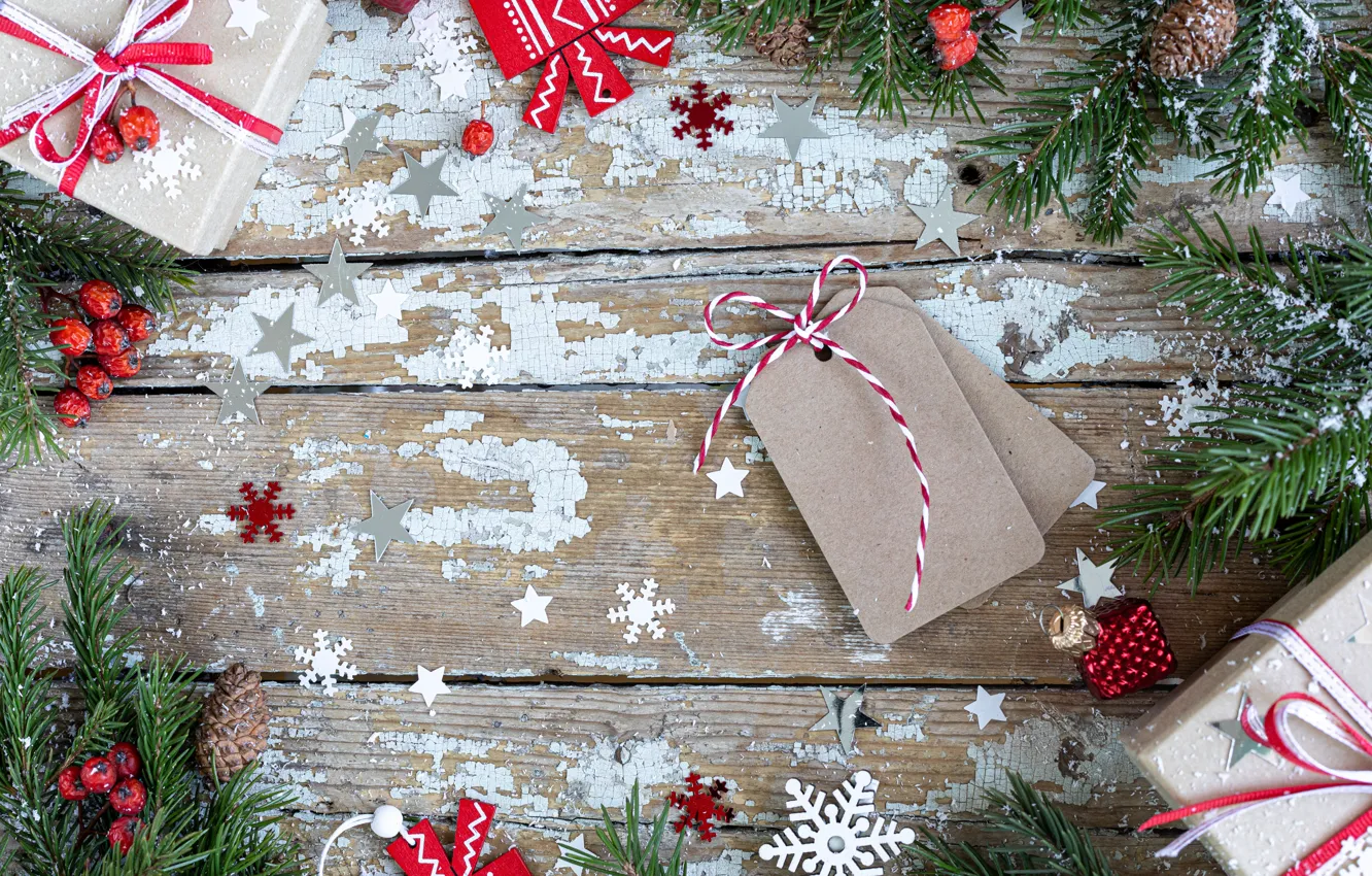 Фото обои украшения, снежинки, Рождество, подарки, Новый год, christmas, шишки, wood