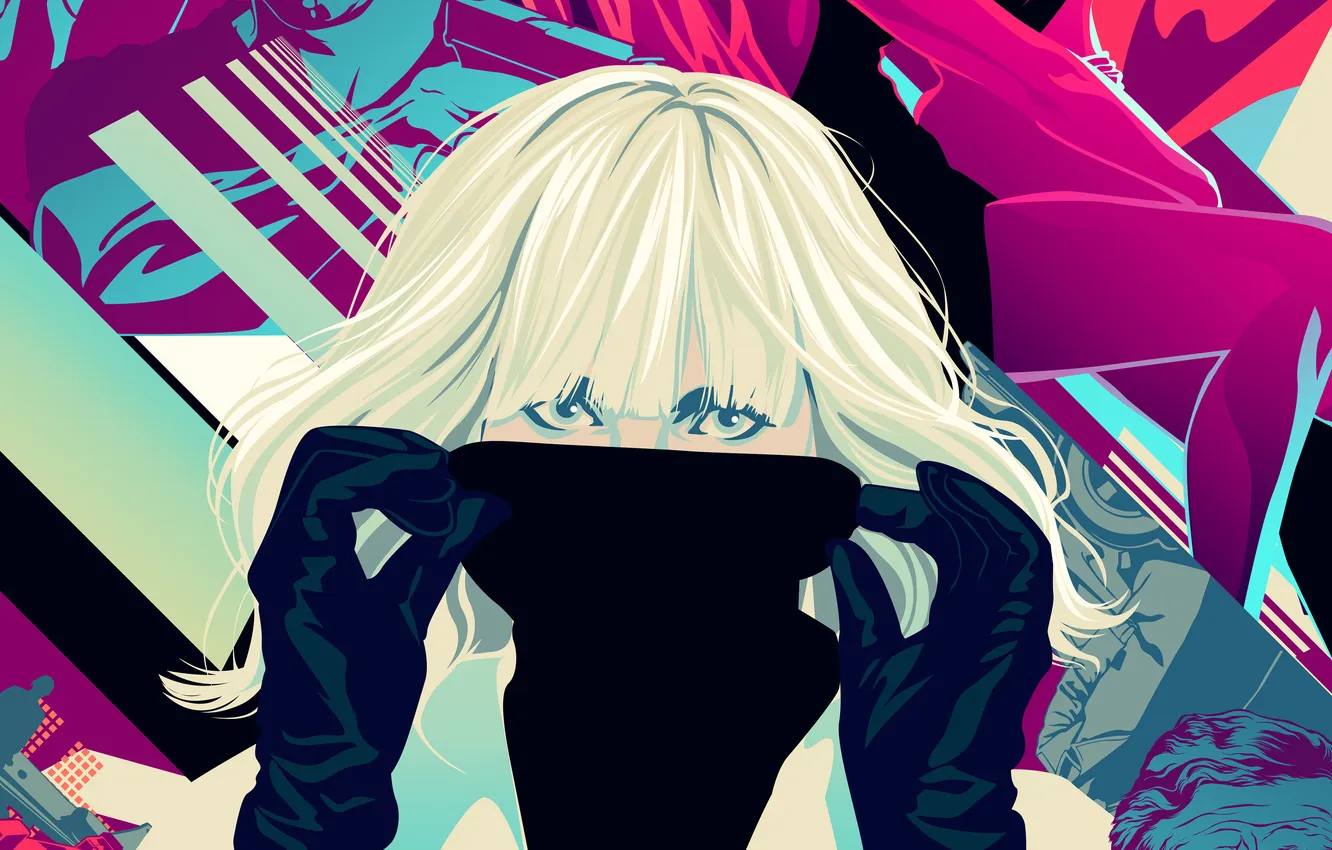 Фото обои абстракция, фон, Charlize Theron, арт, блондинка, перчатки, Шарлиз Терон, Atomic Blonde