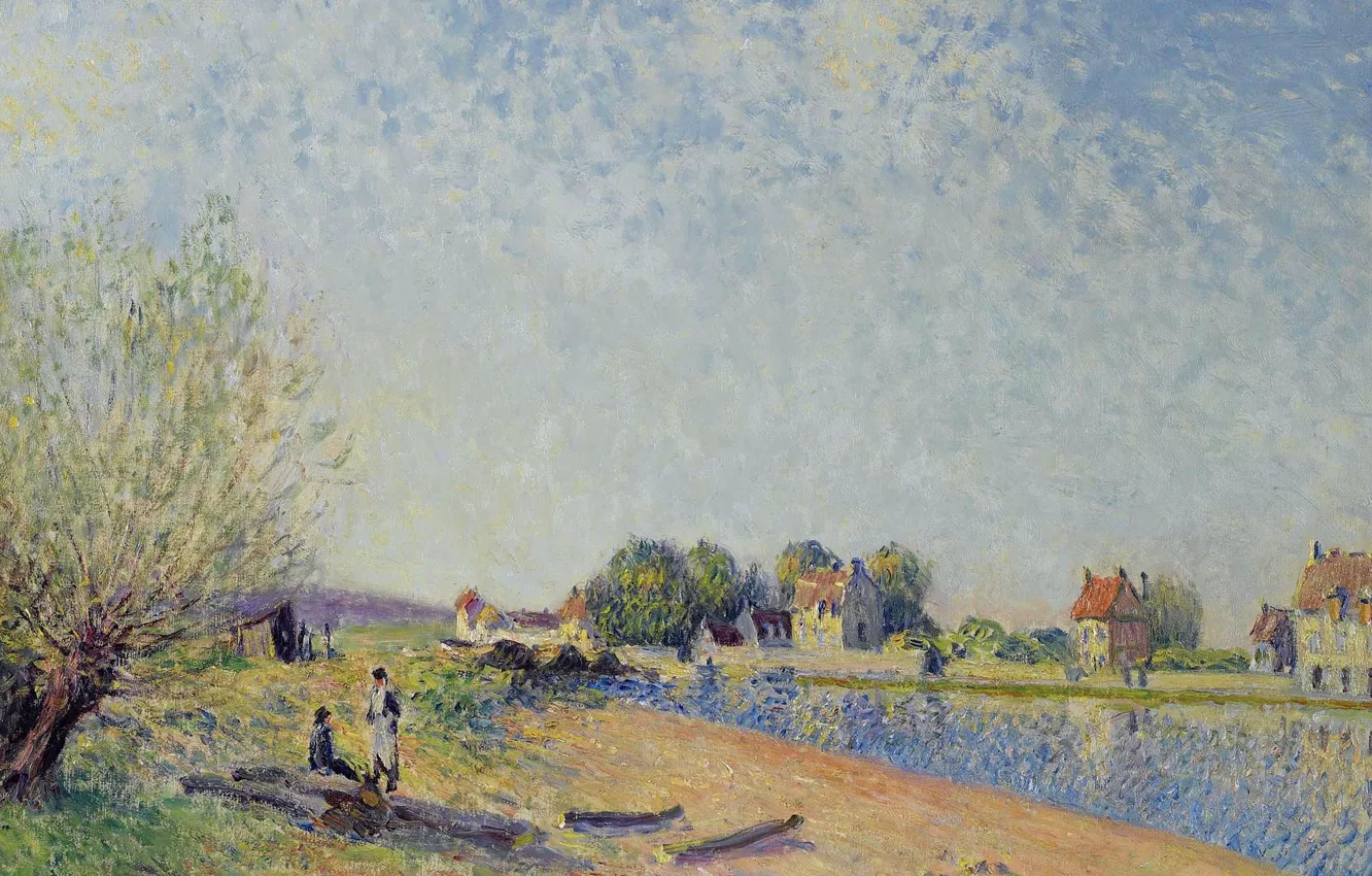 Фото обои пейзаж, дом, река, картина, Alfred Sisley, Альфред Сислей, Канал Луэна в Сен-Мамес