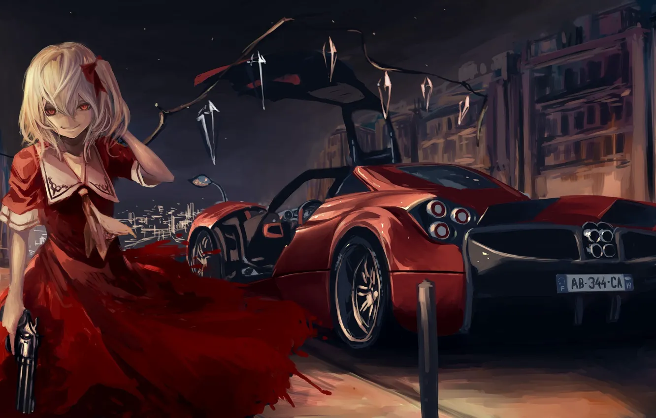 Фото обои машина, девушка, город, пистолет, крылья, арт, кристаллы, красное платье