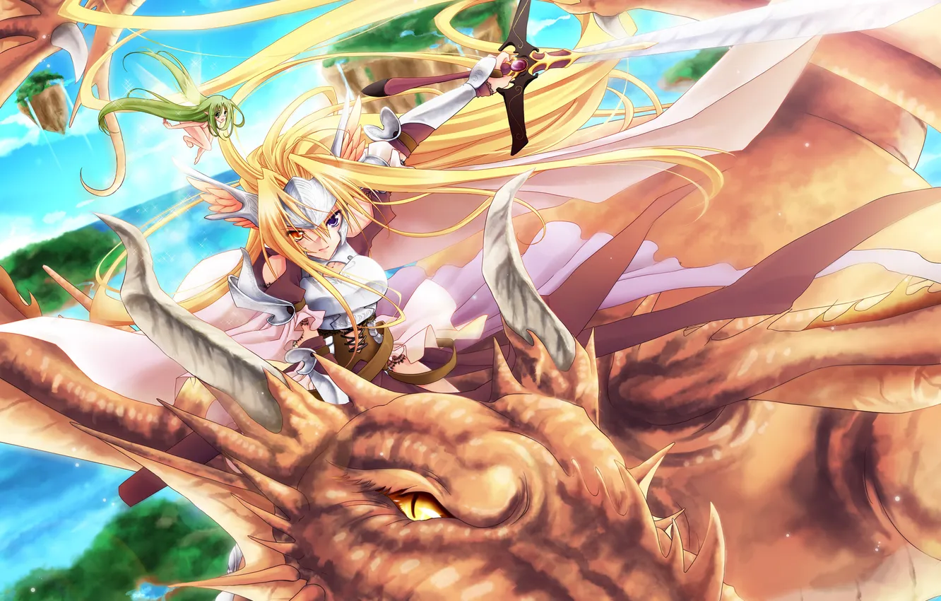 Фото обои девушка, полет, дракон, меч, фея, арт, miyako910724