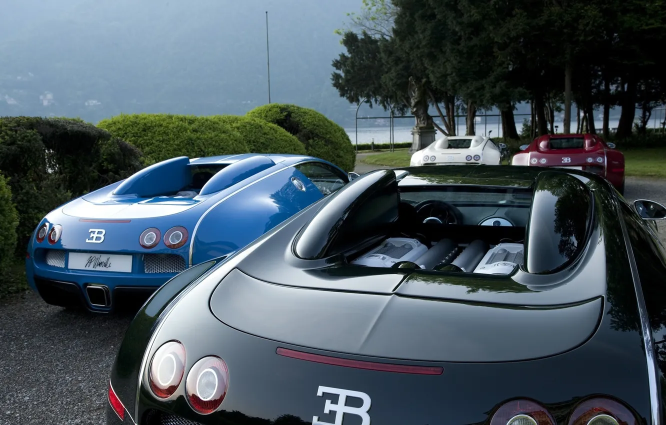 Фото обои озеро, Bugatti, Veyron, red, white, black, blue, Centenaire