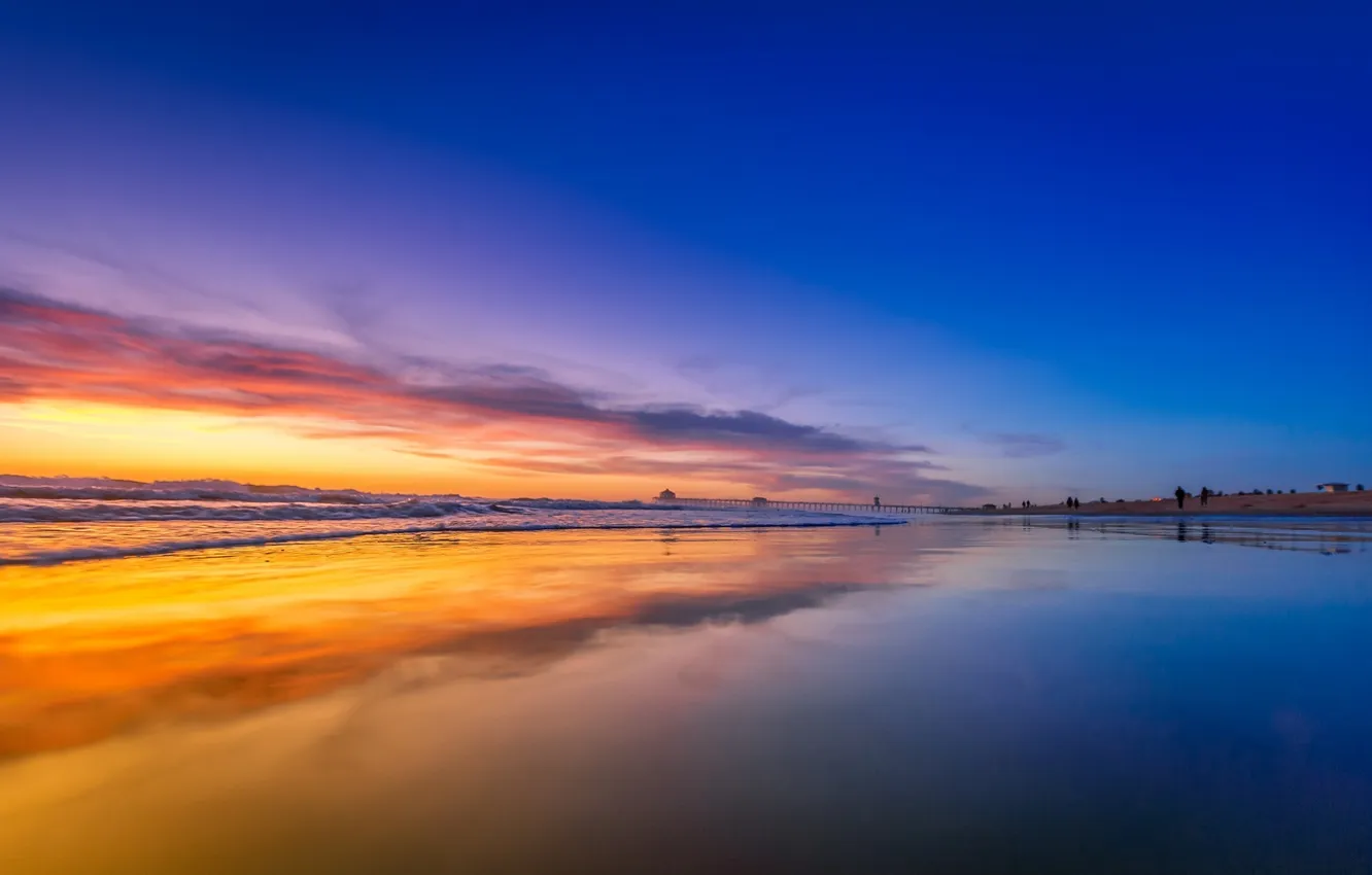 Фото обои пляж, небо, океан, рассвет, побережье, горизонт