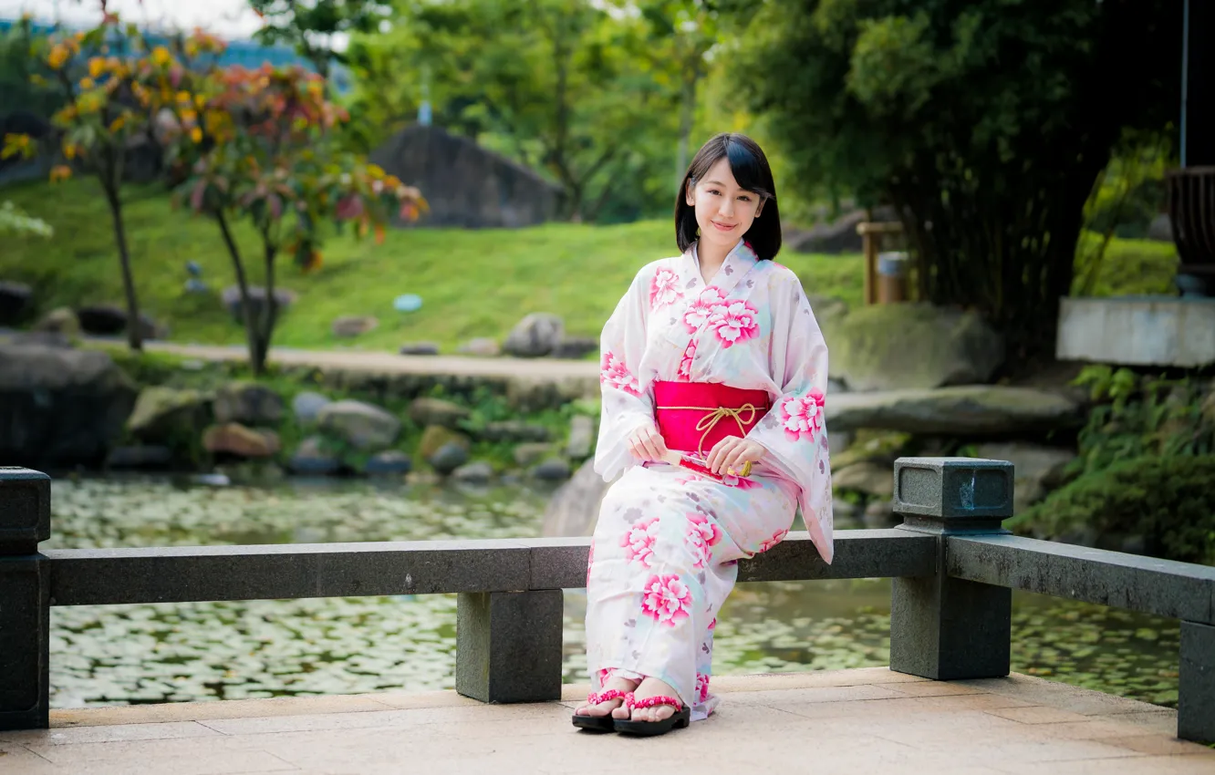 Фото обои девушка, кимоно, азиатка, милашка