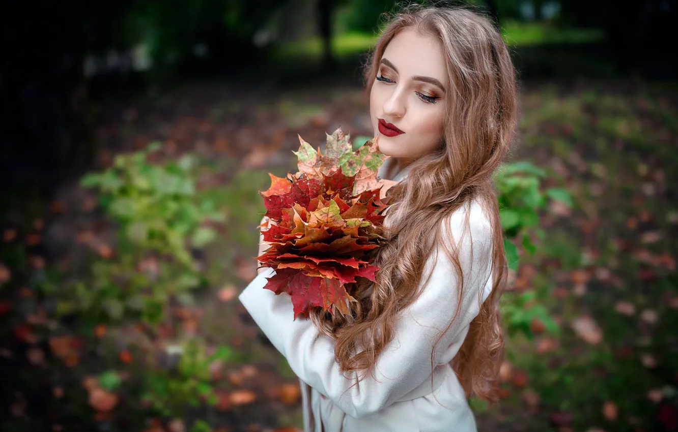 Фото обои осень, листья, девушка, поза, парк, модель, портрет, букет