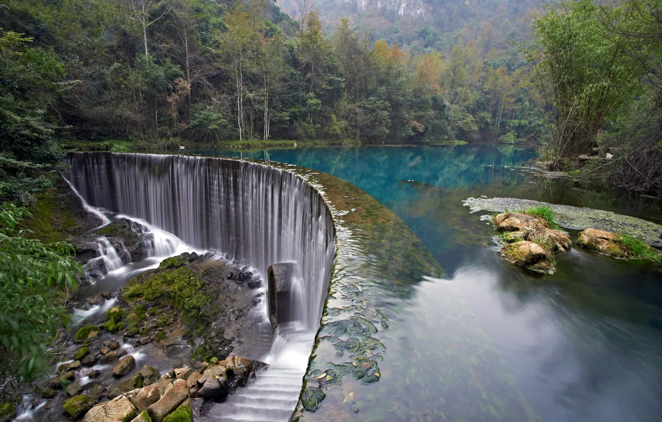 Фото обои лес, деревья, озеро, парк, камни, водопад, Хорватия, Plitvice Lakes National Park