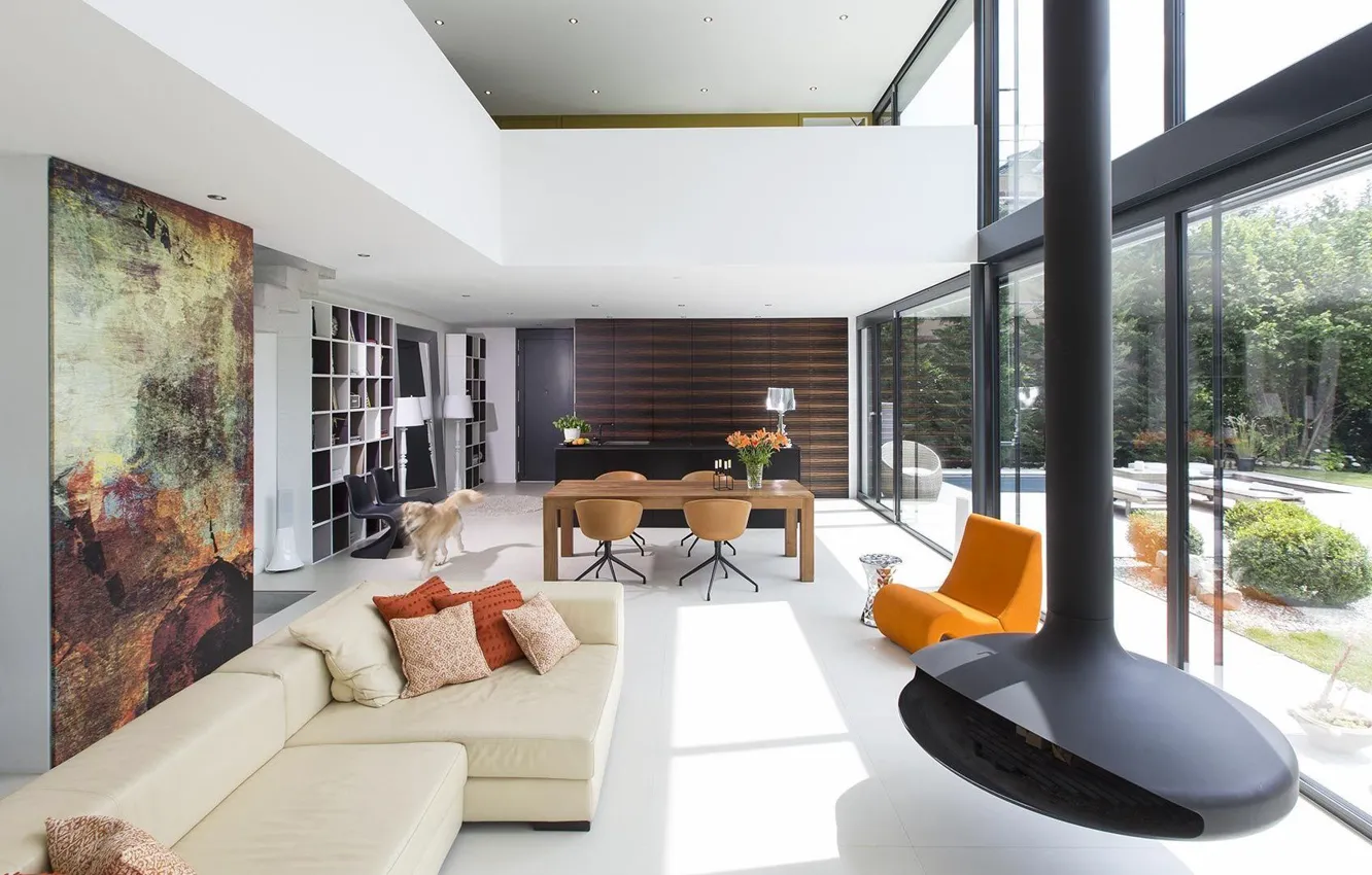 Фото обои дизайн, стиль, интерьер, кухня, камин, гостиная, столовая, by Bau-werk-stadt Architekten