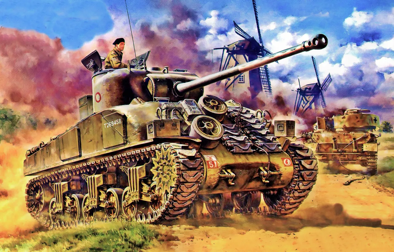 Фото обои weapon, war, art, painting, tank, ww2, Sherman Firefly