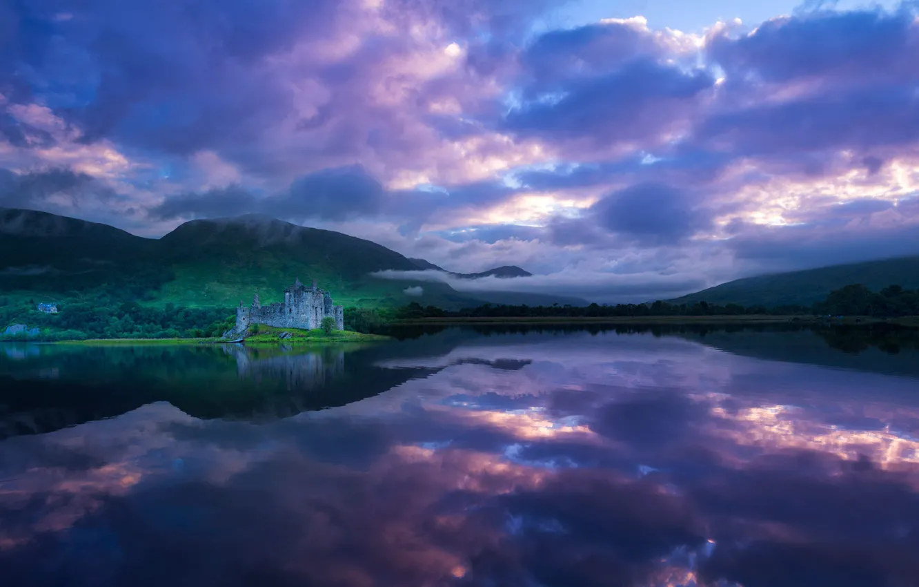 Фото обои облака, озеро, Шотландия, замок Килхурн