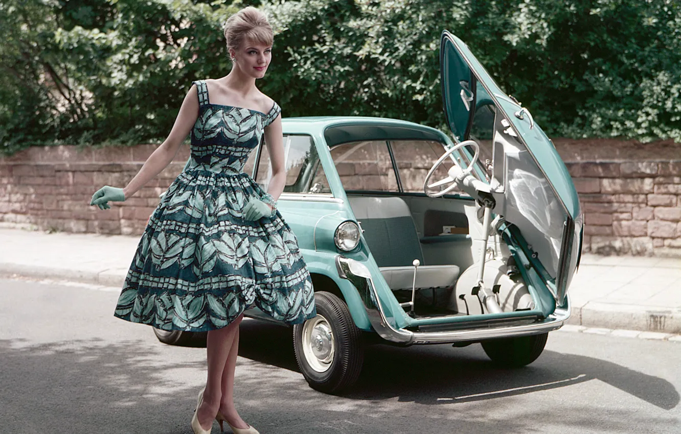 Фото обои авто, девушка, стиль, ретро, 50-60-е, bmw 600