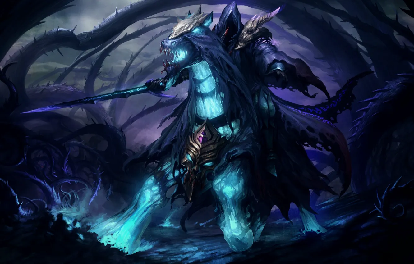 Фото обои конь, растения, меч, колючки, арт, всадник, Dota 2, Abaddon