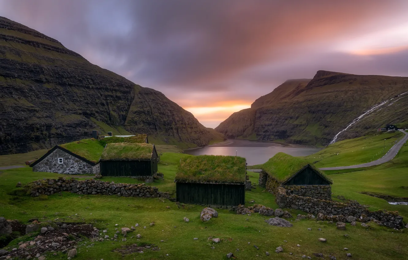 Фото обои горы, домики, Faroe Islands, Saksun