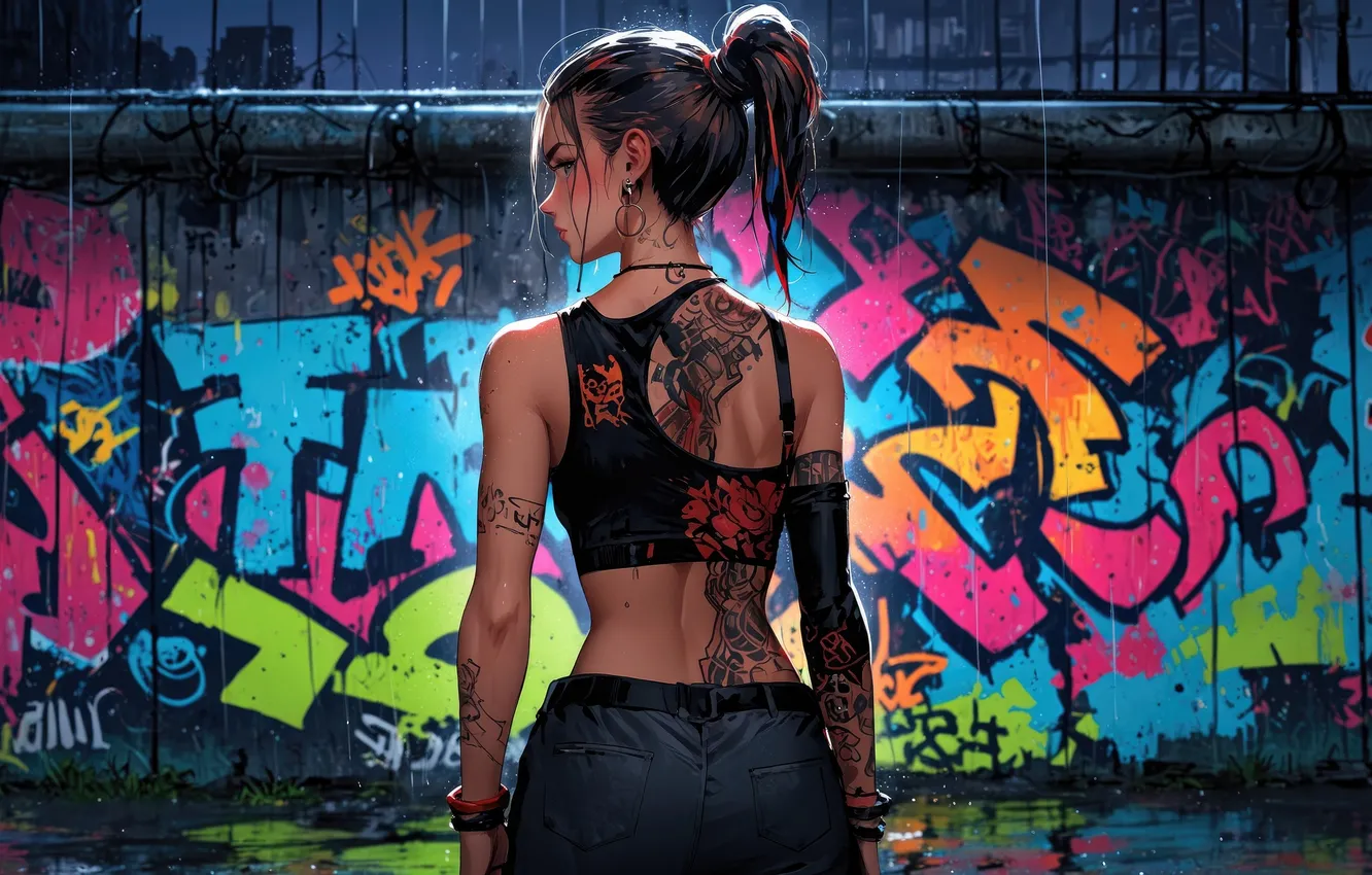 Фото обои Girl, Graffiti, Tattoo, AI Art, AI Generated